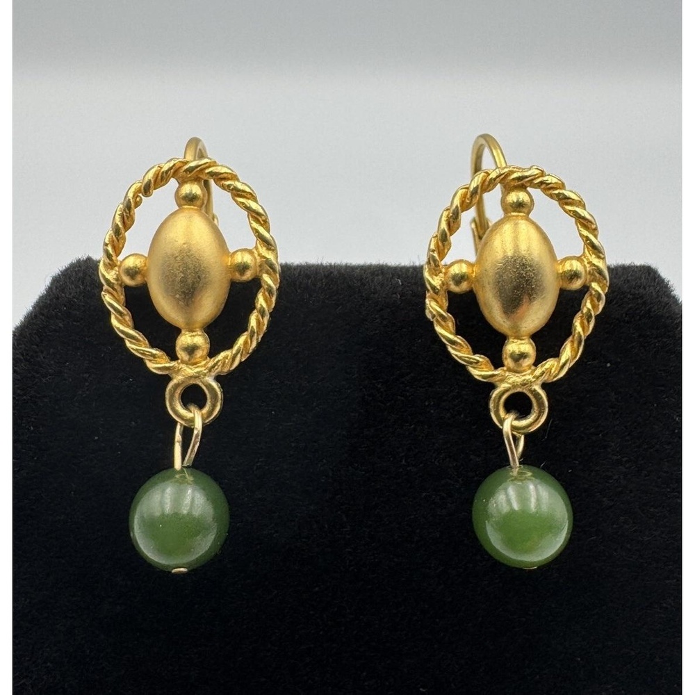 Matte Gold Tone Oval Rope Jadeite‎ Ball Dangle Leverback Earrings